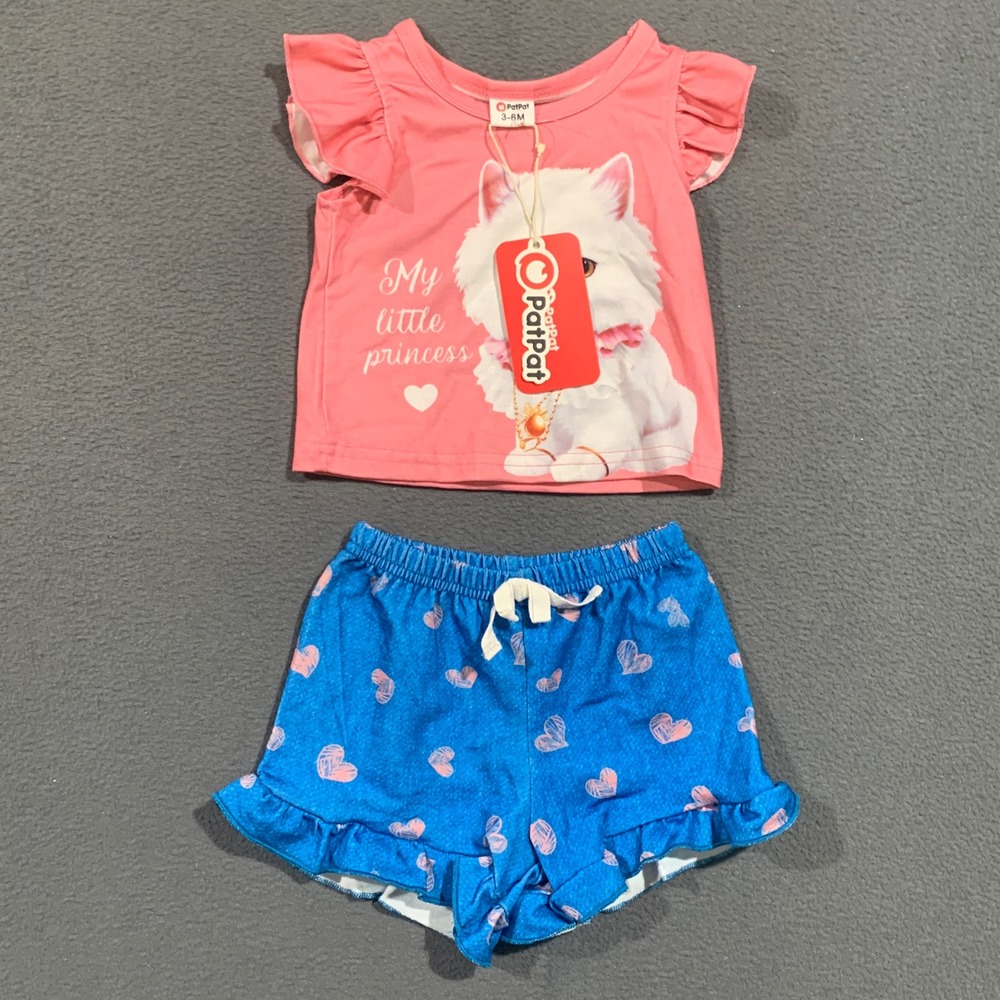 PatPat Baby Girl My Little Princess Cat Shirt and Heart Shorts Set 3-6M New
